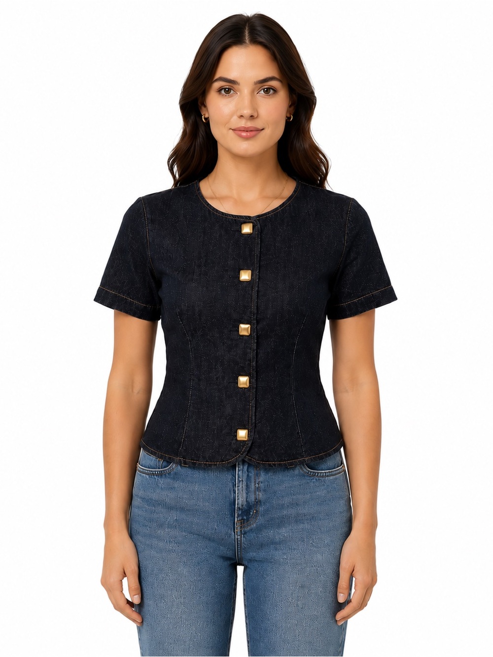 MESHKI Dark Wash Denim Short Sleeve Top Gold Square Buttons Small